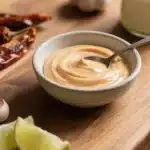 Bowl of homemade chipotle mayo with fresh ingredients on a kitchen counter