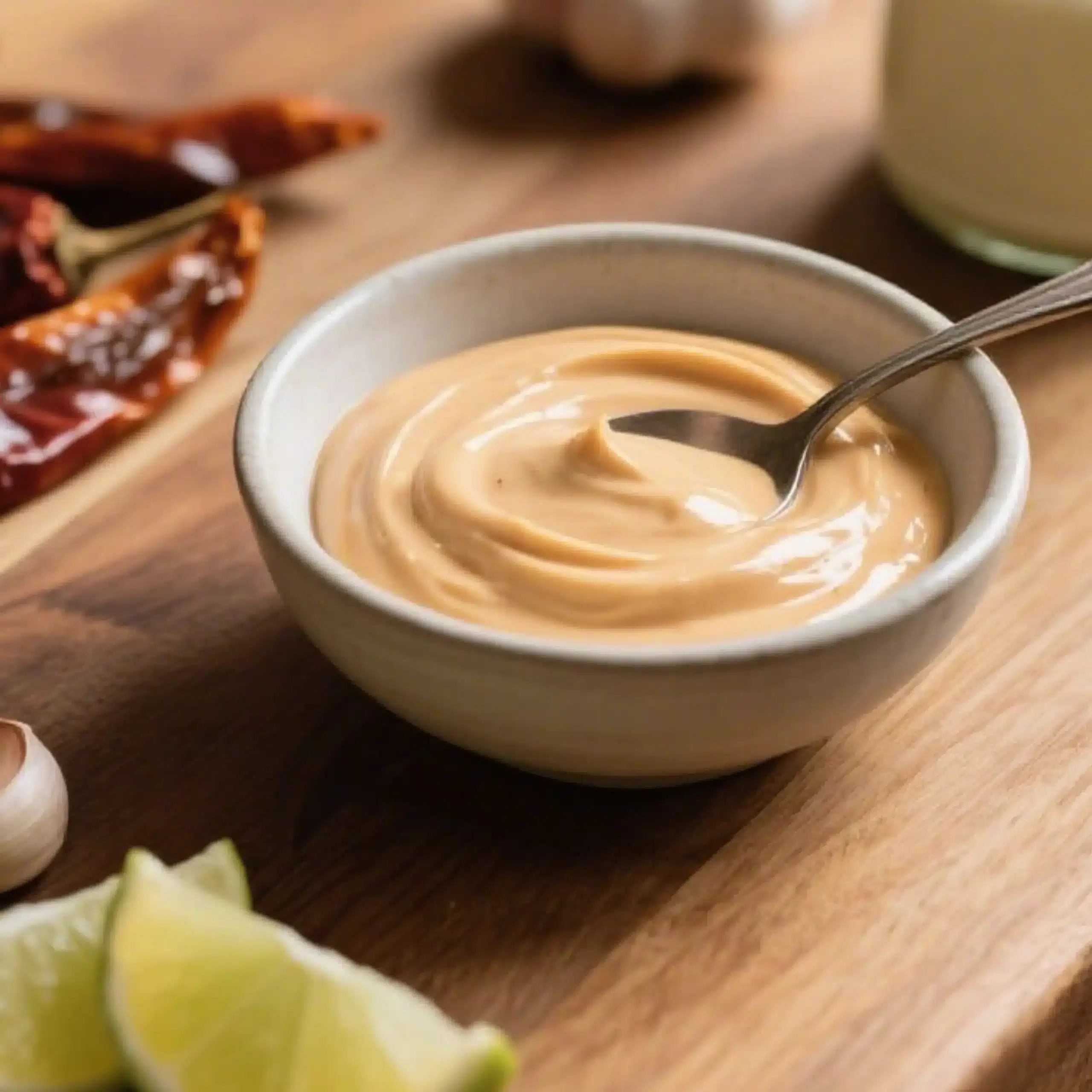 Bowl of homemade chipotle mayo with fresh ingredients on a kitchen counter