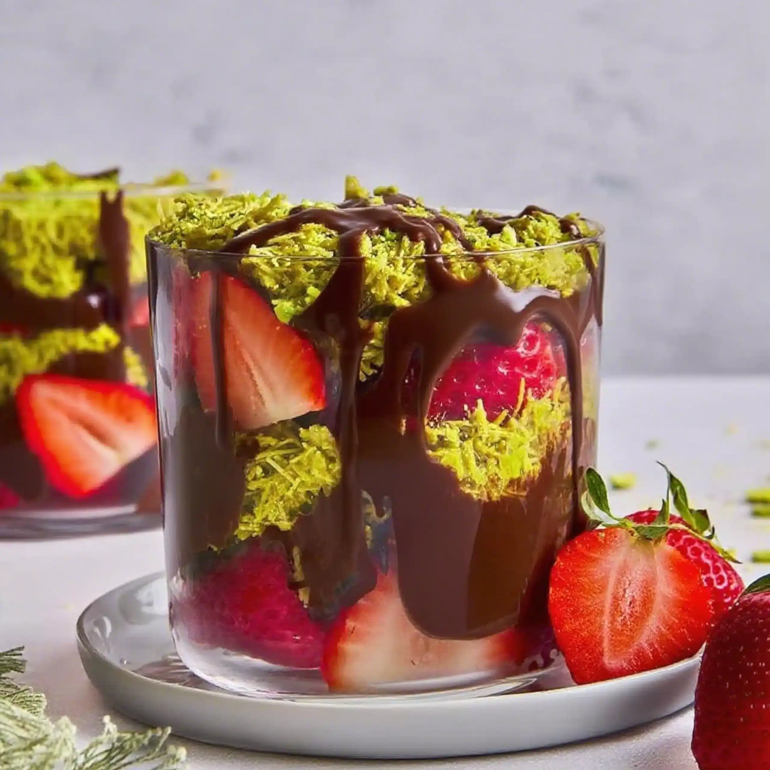 Clear glass filled with layers of pistachio kataifi, strawberries, and chocolate drizzle
