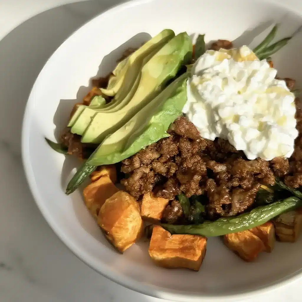 Ground beef bowl with avocado and cottage cheese