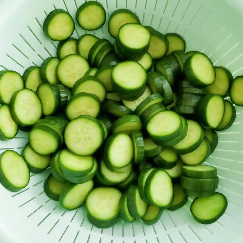 Sliced cucumbers in a green plastic colander after rinsing