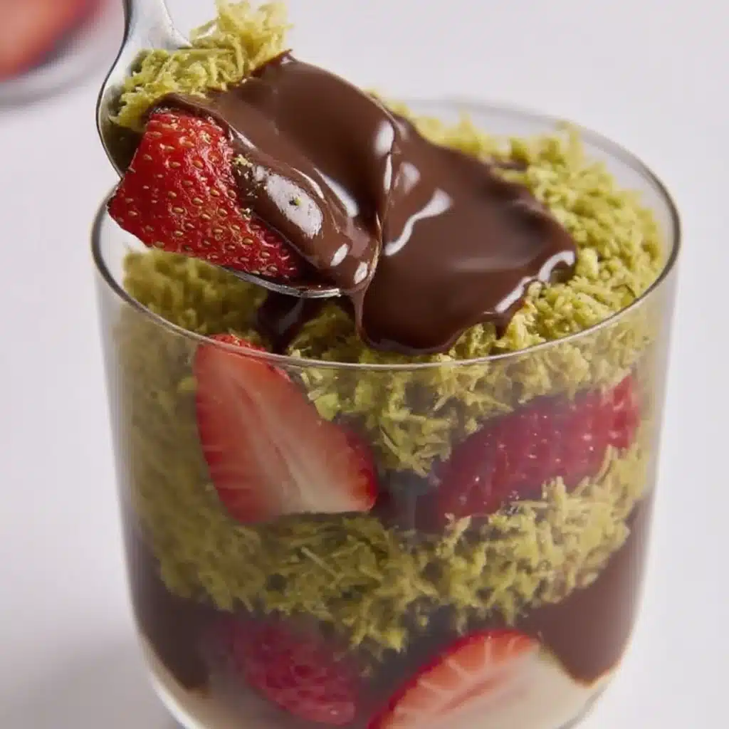 Spoon scooping chocolate-coated strawberry and pistachio kataifi from dessert cup