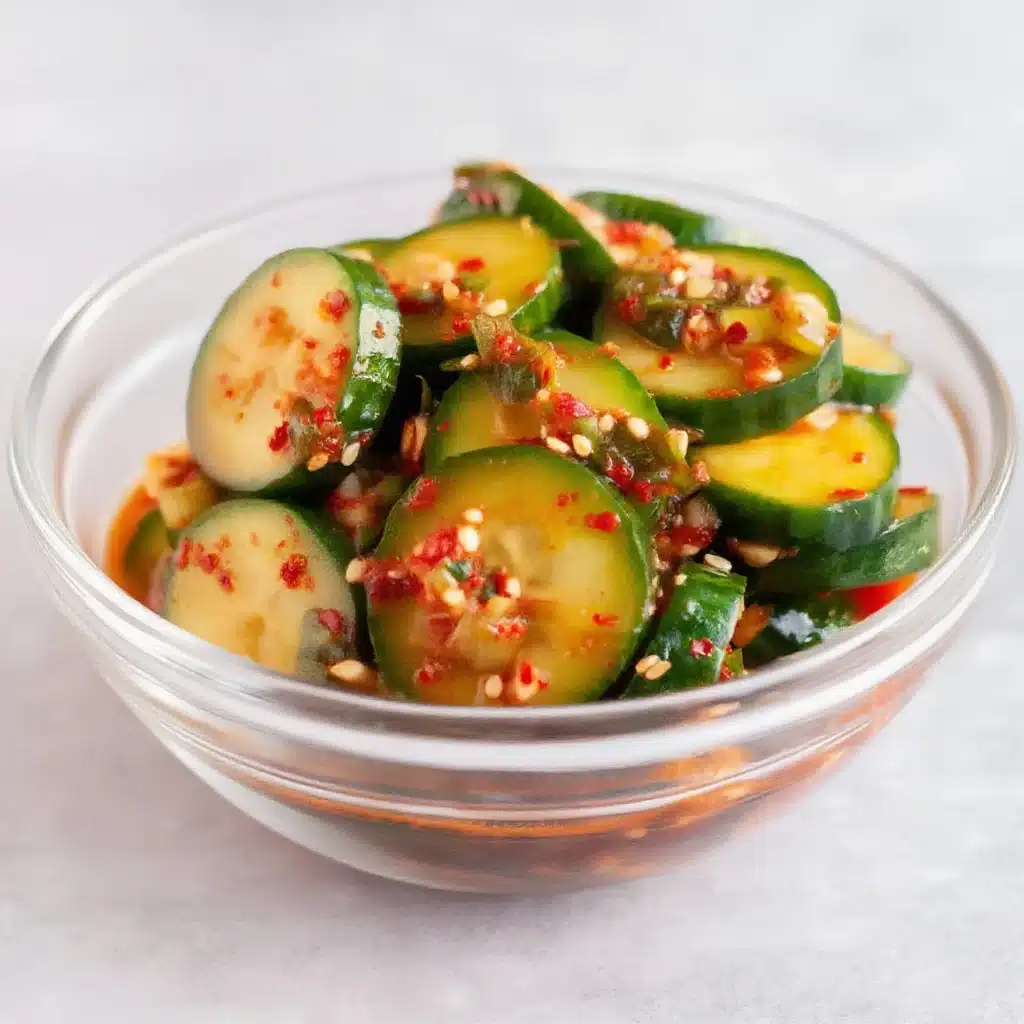 Spicy Korean cucumber kimchi in a glass bowl with sesame seeds and garlic