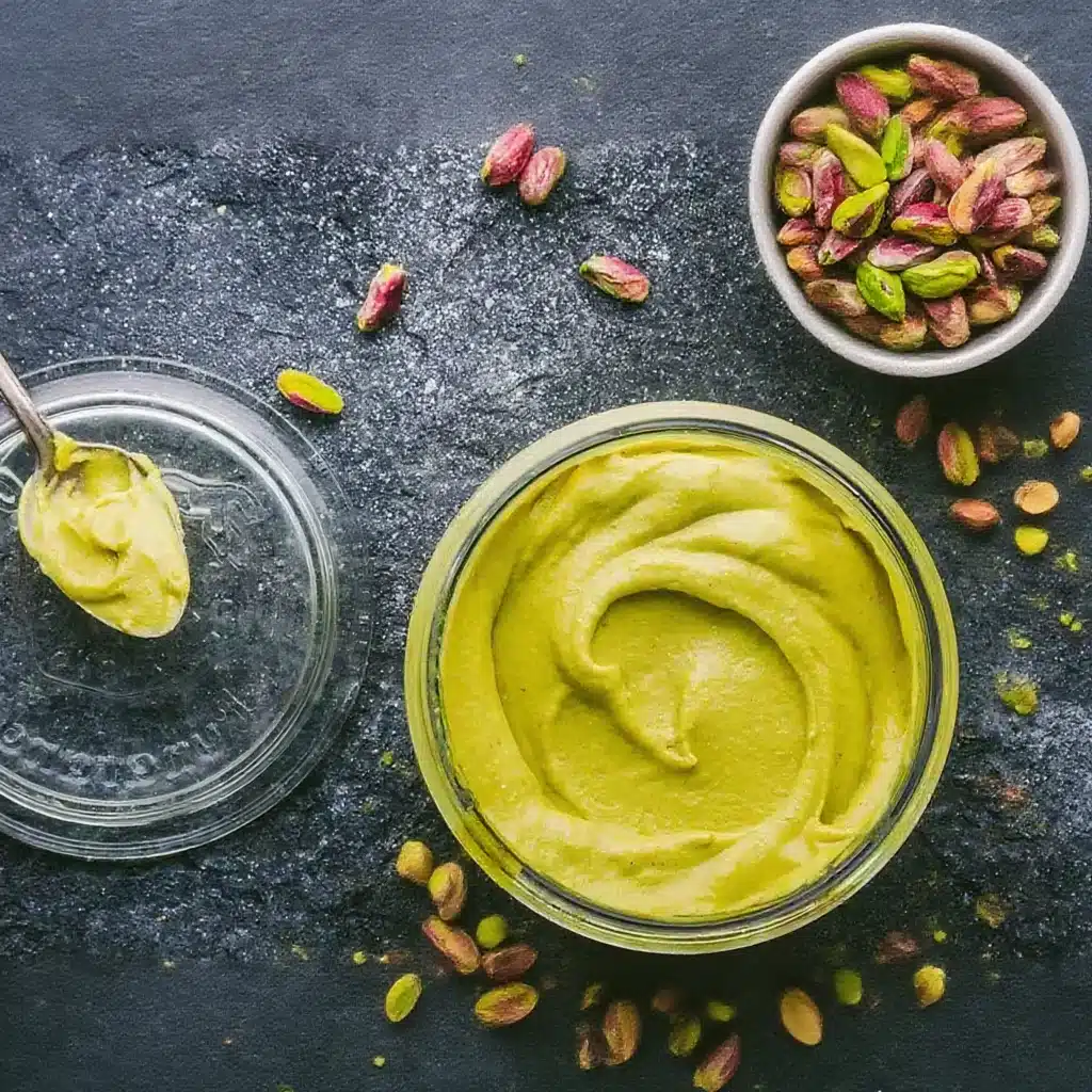 Pistachio Cream Recipe: (Italian-style) 1 Homemade Pistachio Cream Recipe spread in a jar