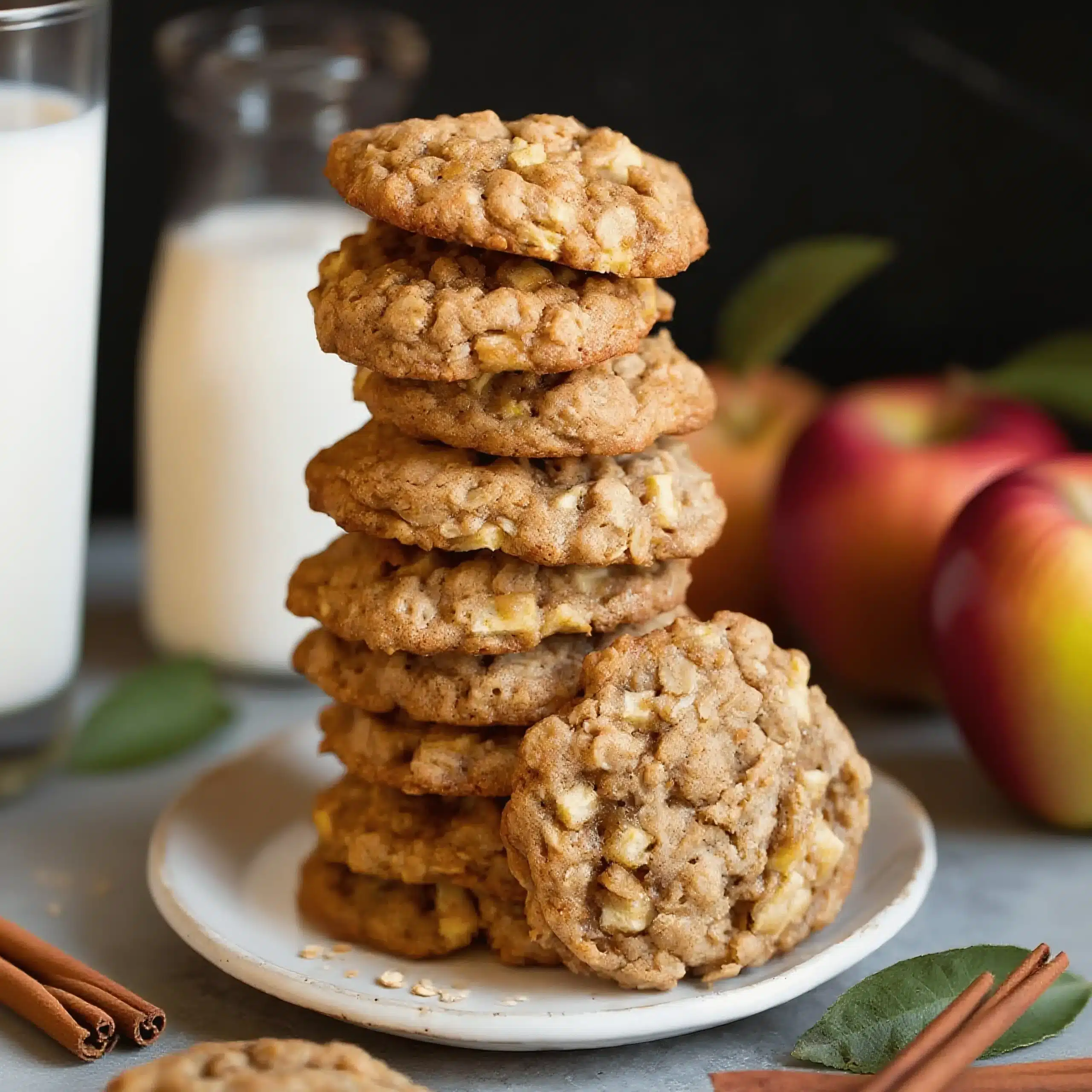 Apple Cookie Recipe 6 Stack of homemade apple cinnamon oatmeal cookies with apples and cinnamon sticks