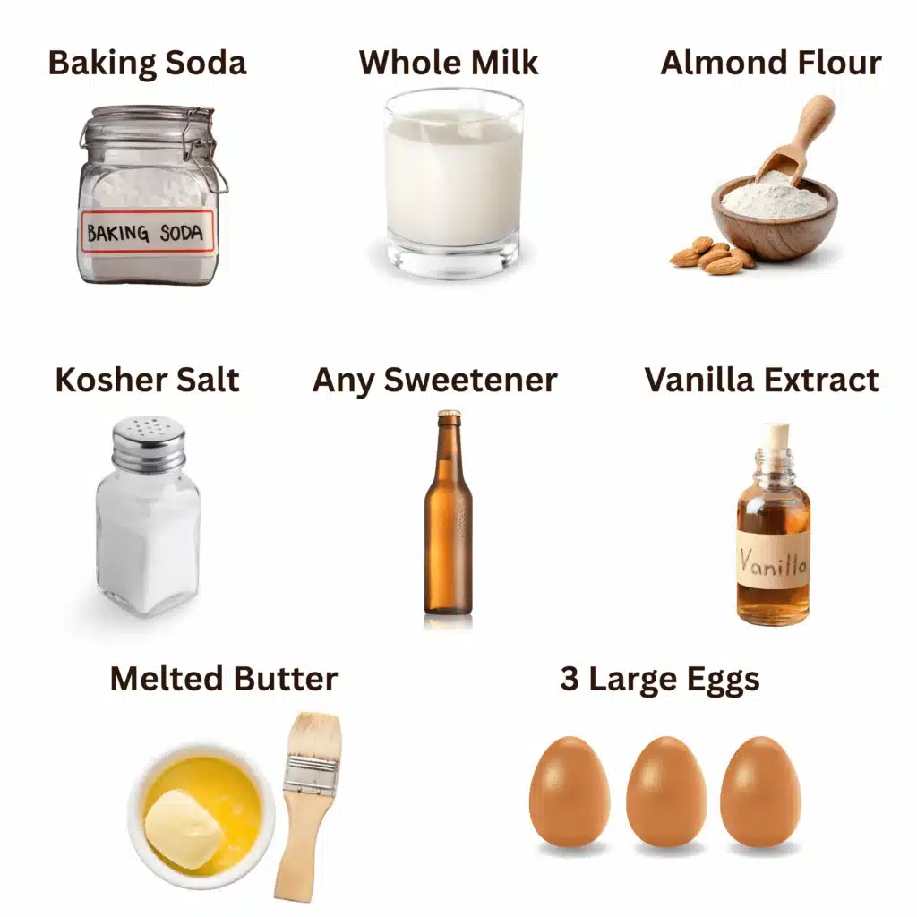 Keto Waffle Recipe 3 Keto waffle recipe ingredients including almond flour, milk, eggs, butter, sweetener, and baking essentials