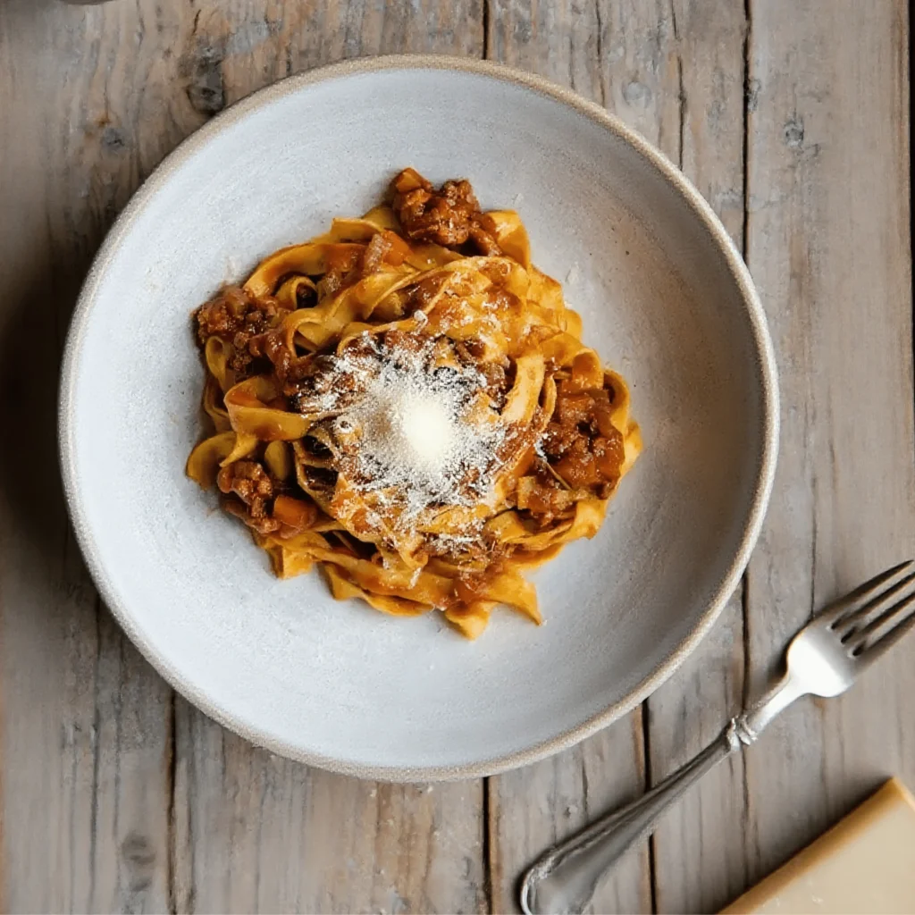 Italian Beef Ragu Recipe 6 Bowl of Italian beef ragu recipe with parmesan on rustic table