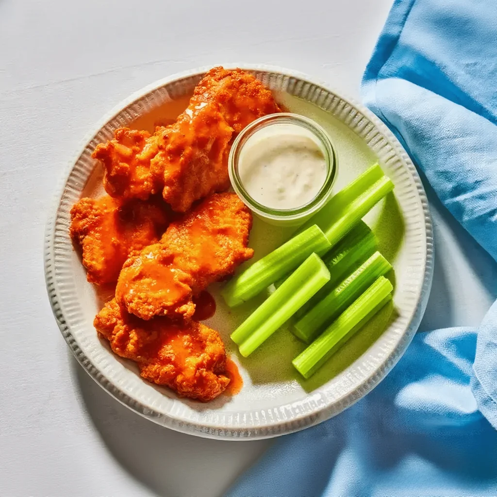 Boneless Chicken Wings Recipe 5 Boneless chicken wings with celery and ranch dip on a plate