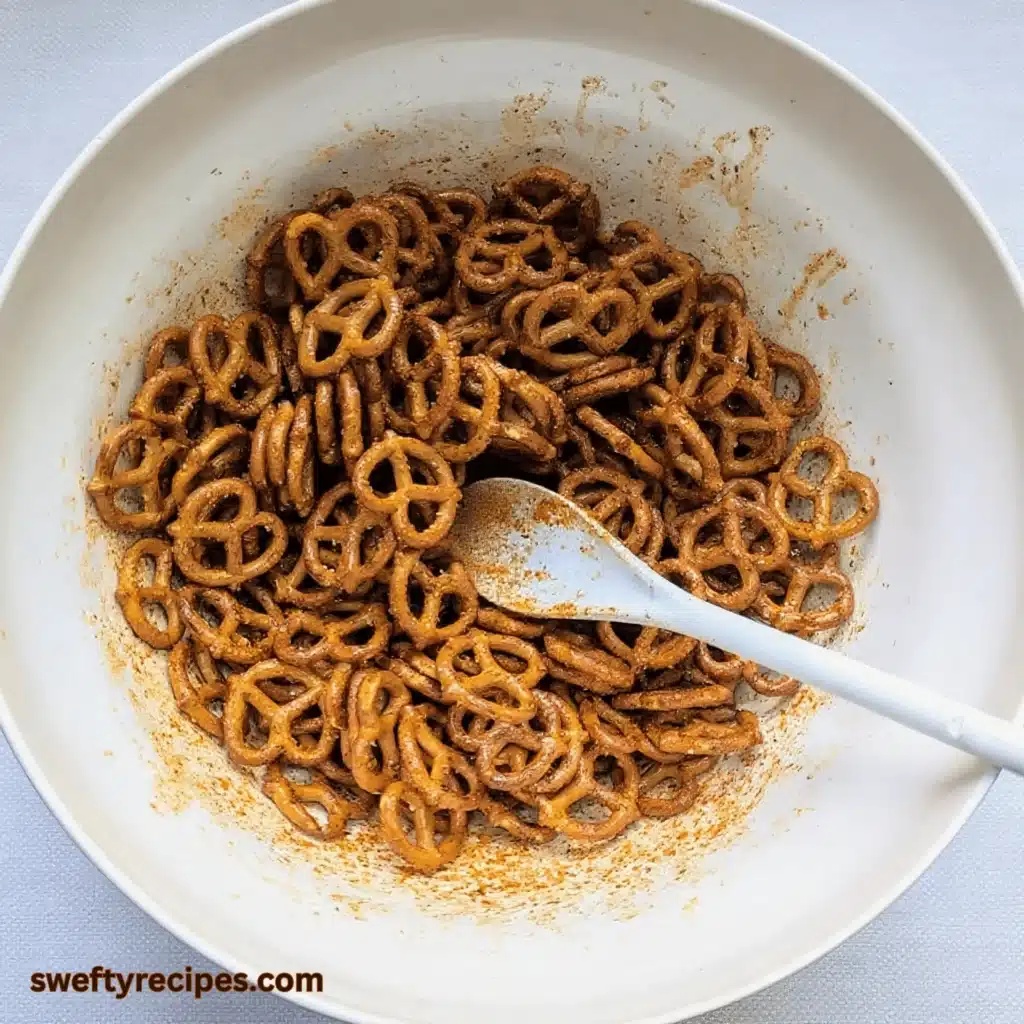 Spicy Pretzel Recipe 3 Spicy Pretzel Recipe being mixed in a large white bowl with a spoon