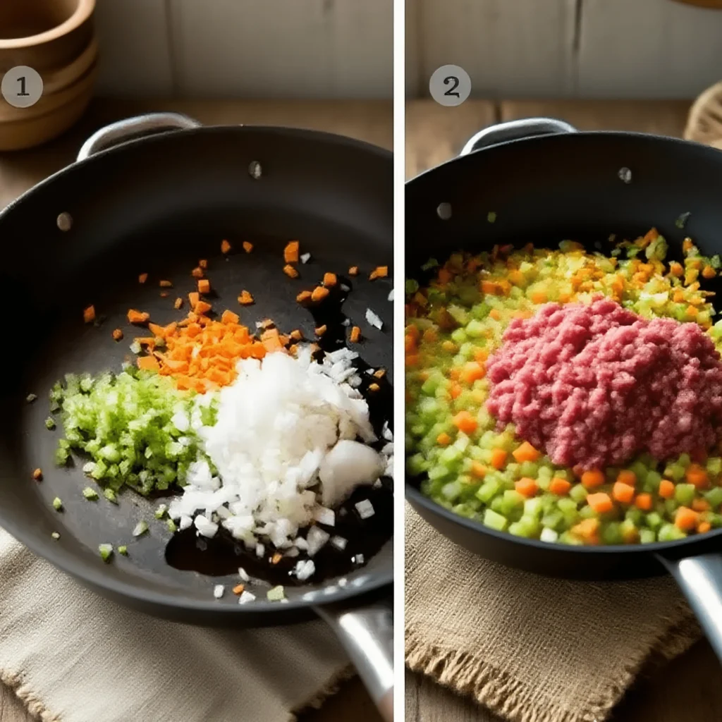 Italian Beef Ragu Recipe 4 Step-by-step photos of sautéing vegetables and adding beef for ragu