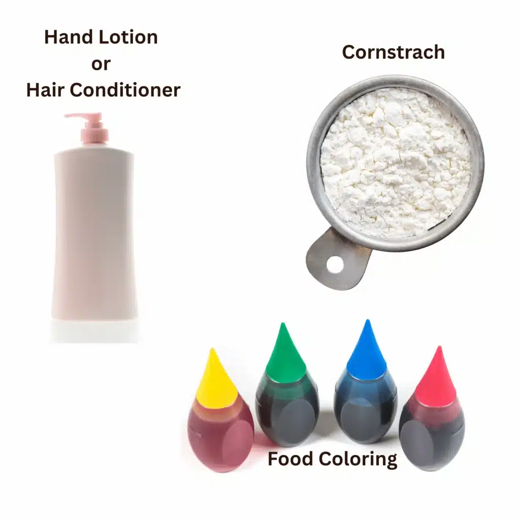 Cloud Dough Recipe 4 Cloud dough recipe ingredients with lotion, cornstarch, and food coloring.