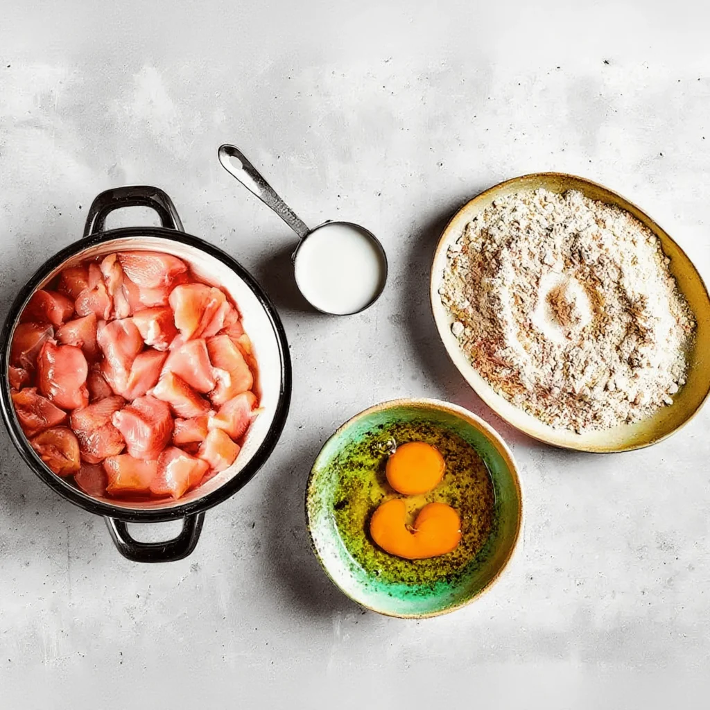 Boneless Chicken Wings Recipe 3 Ingredients for making boneless chicken wings with flour, eggs, milk, and raw chicken