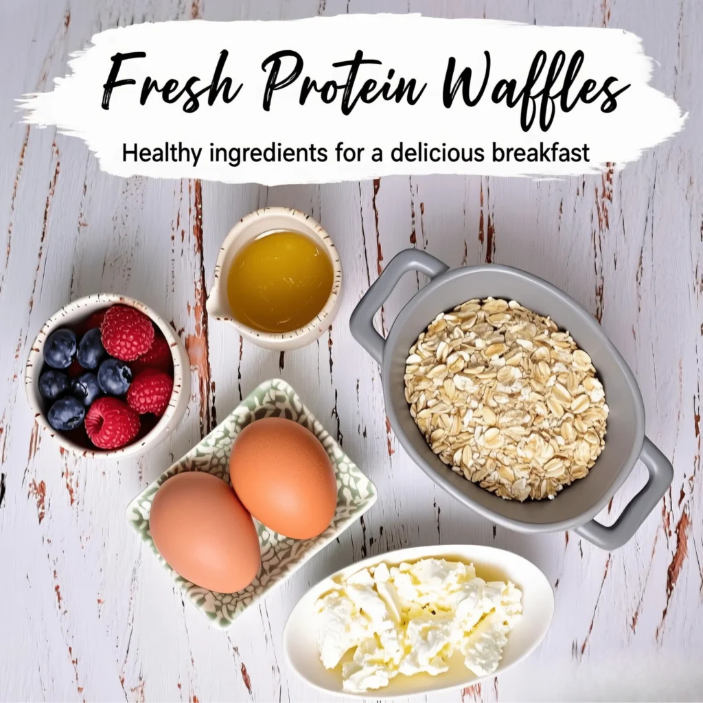 Protein Waffle Recipe 3 Protein waffle recipe ingredients with oats, eggs, ricotta, honey, and berries