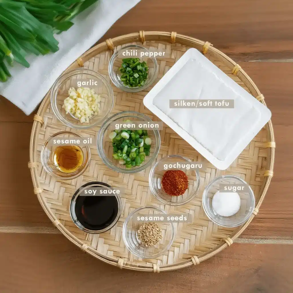 Soft Tofu Recipes 3 Korean silken Soft Tofu Recipes ingredients displayed in bowls on a bamboo tray