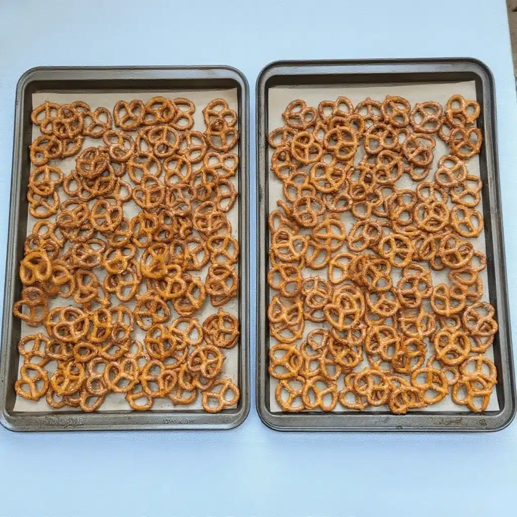 Spicy Pretzel Recipe 4 Two baking trays filled with seasoned mini pretzels on parchment paper
