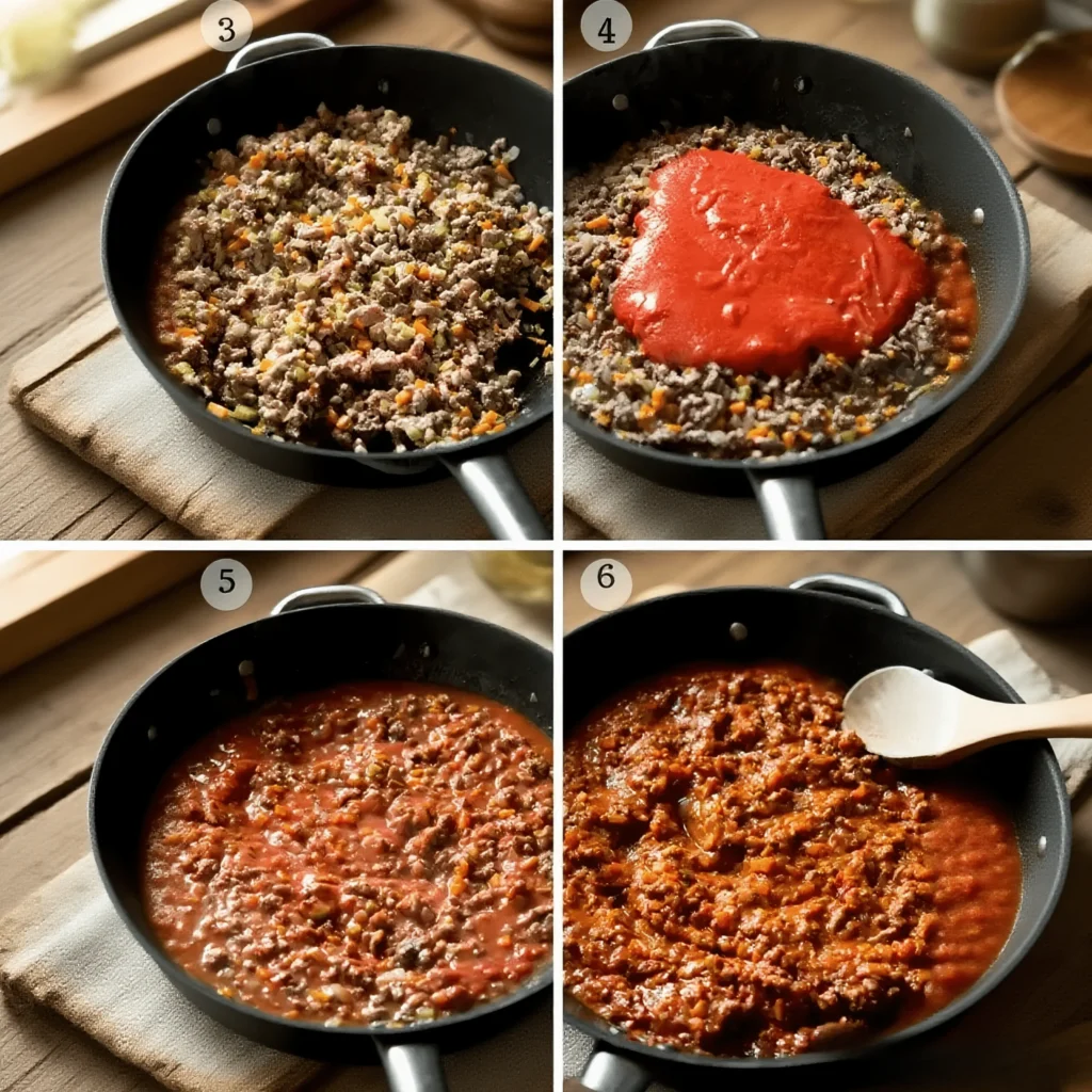 Italian Beef Ragu Recipe 5 Step-by-step photos of beef ragu with tomato sauce simmering