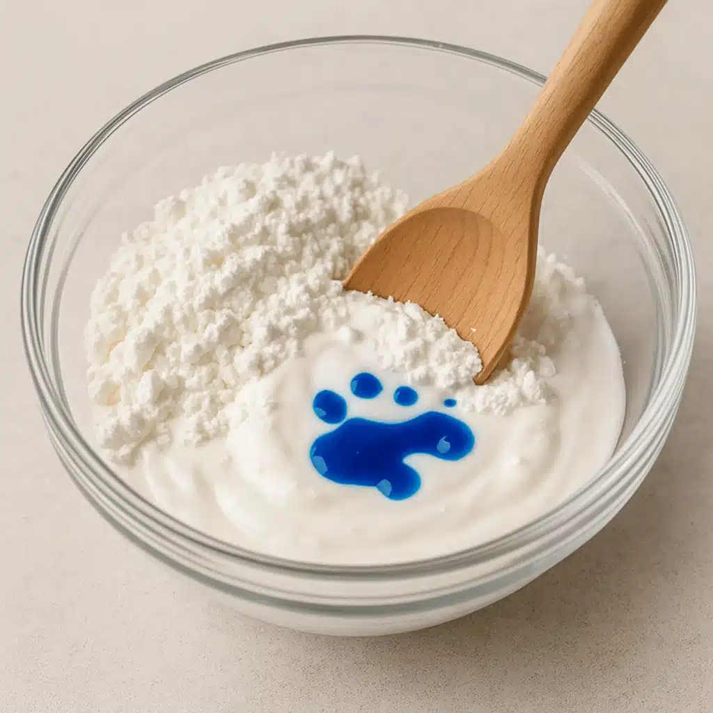 Cloud Dough Recipe 5 Bowl with cornstarch, lotion, and blue food coloring for cloud dough.