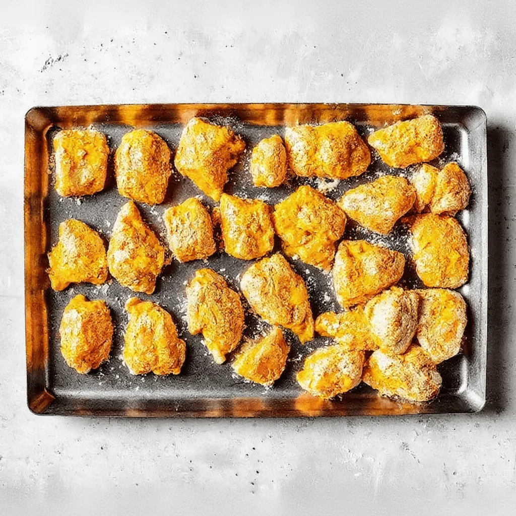 Boneless Chicken Wings Recipe 4 Floured boneless chicken pieces on a tray ready to fry