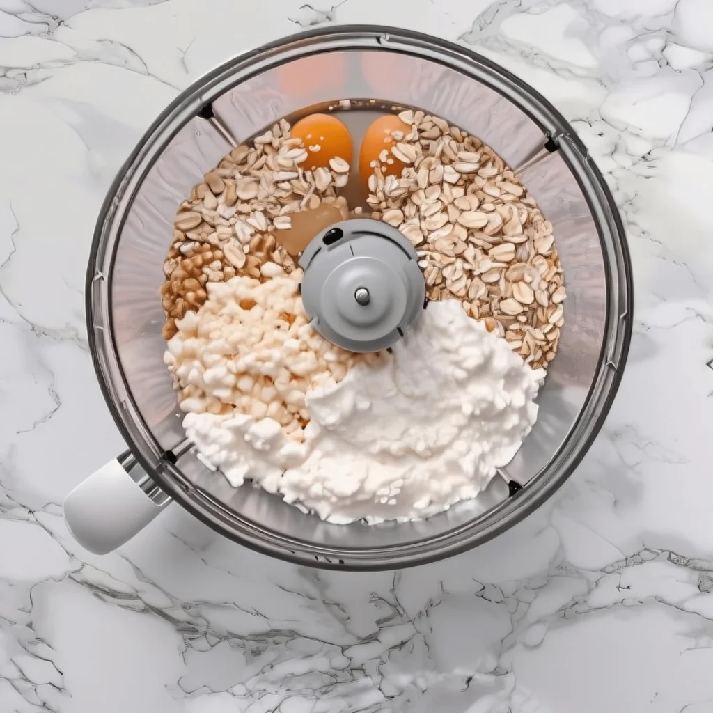 Protein Waffle Recipe 4 Protein waffle recipe ingredients in a food processor ready to blend