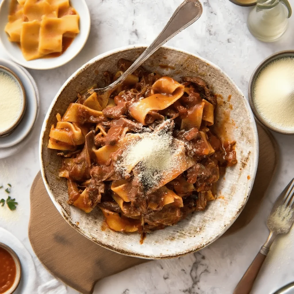 Italian Beef Ragu Recipe 2 Bowl of pappardelle pasta with beef ragu and parmesan