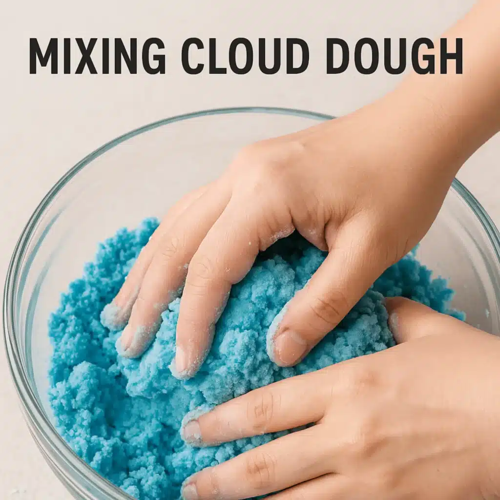 Cloud Dough Recipe 6 Hands kneading blue cloud dough recipe in a glass bowl.