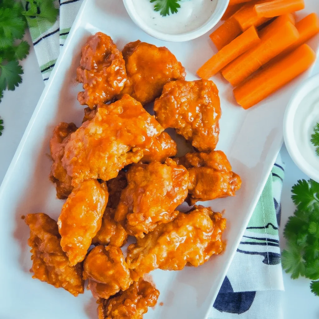 Boneless Chicken Wings Recipe 2 Plate of boneless chicken wings with carrots and ranch dip