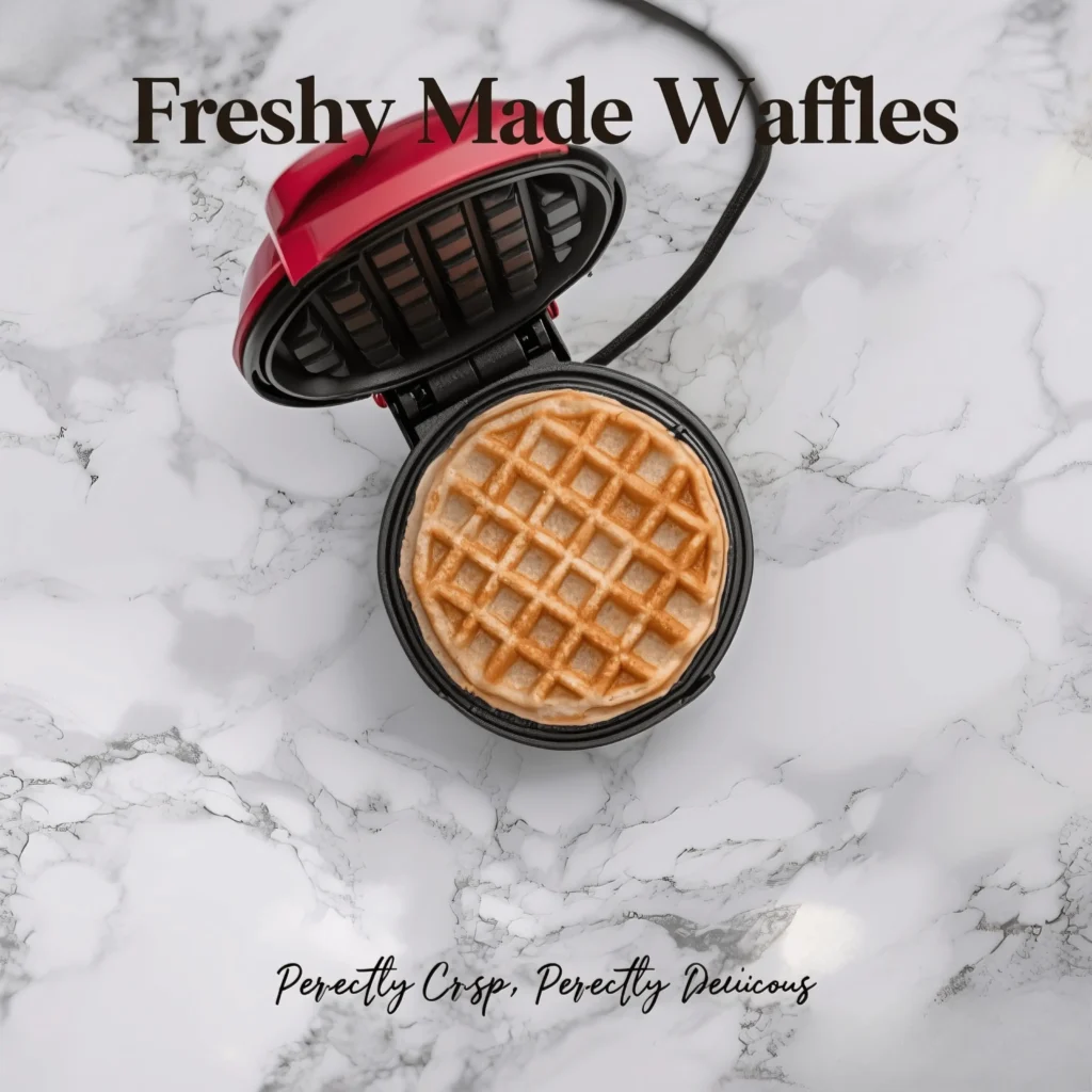 Protein Waffle Recipe 5 Golden waffle cooking in a waffle maker on marble counter
