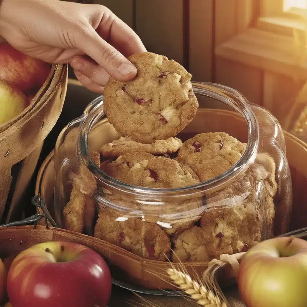 Apple Cookie Recipe 5 Hand taking apple cinnamon cookies from a glass jar surrounded by apples