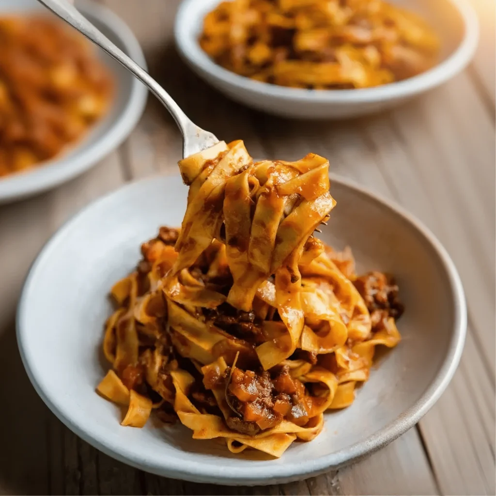 Italian Beef Ragu Recipe 1 Tagliatelle pasta with beef ragu on fork