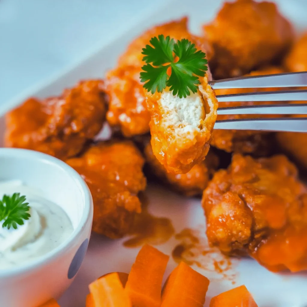Boneless Chicken Wings Recipe 1 Close-up of a bitten boneless chicken wings with ranch dip and carrots