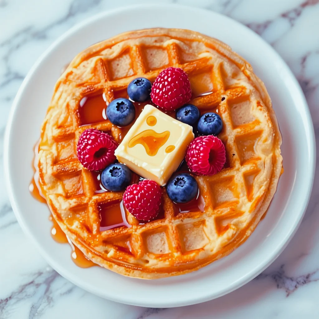 Protein Waffle Recipe 2 Golden waffles topped with fresh raspberries and blueberries