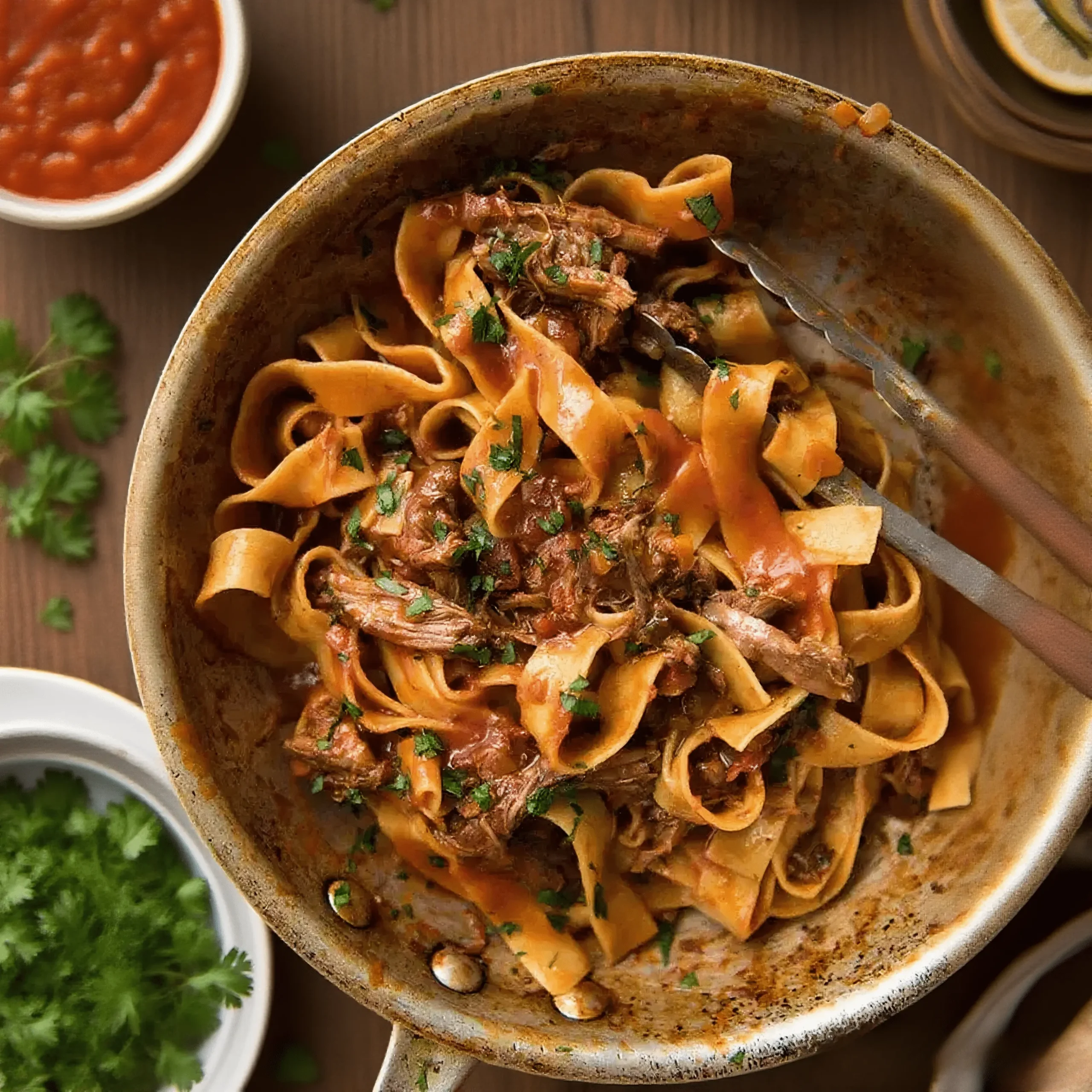 Italian Beef Ragu Recipe 7 Pappardelle pasta with slow-cooked beef ragu in skillet