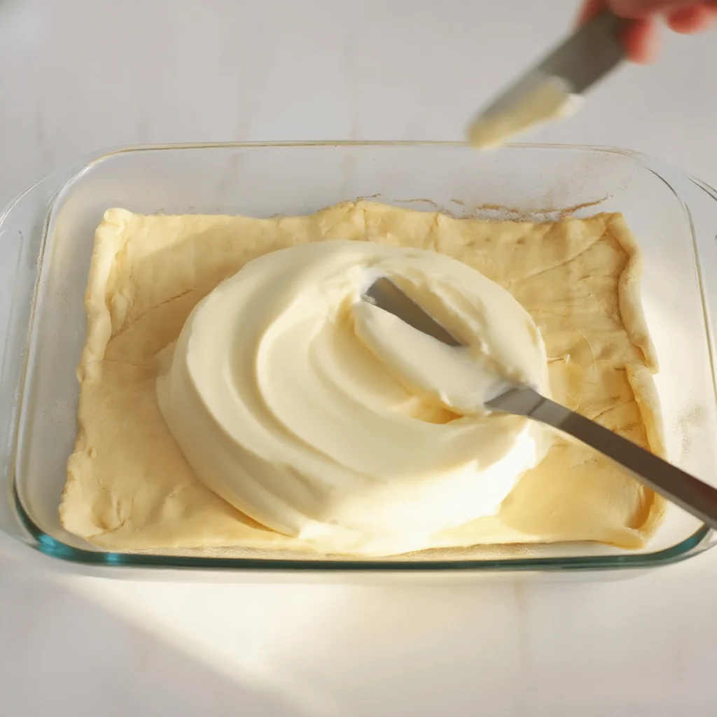 Churro Cheesecake Recipe 6 Spreading cheesecake filling over crescent dough