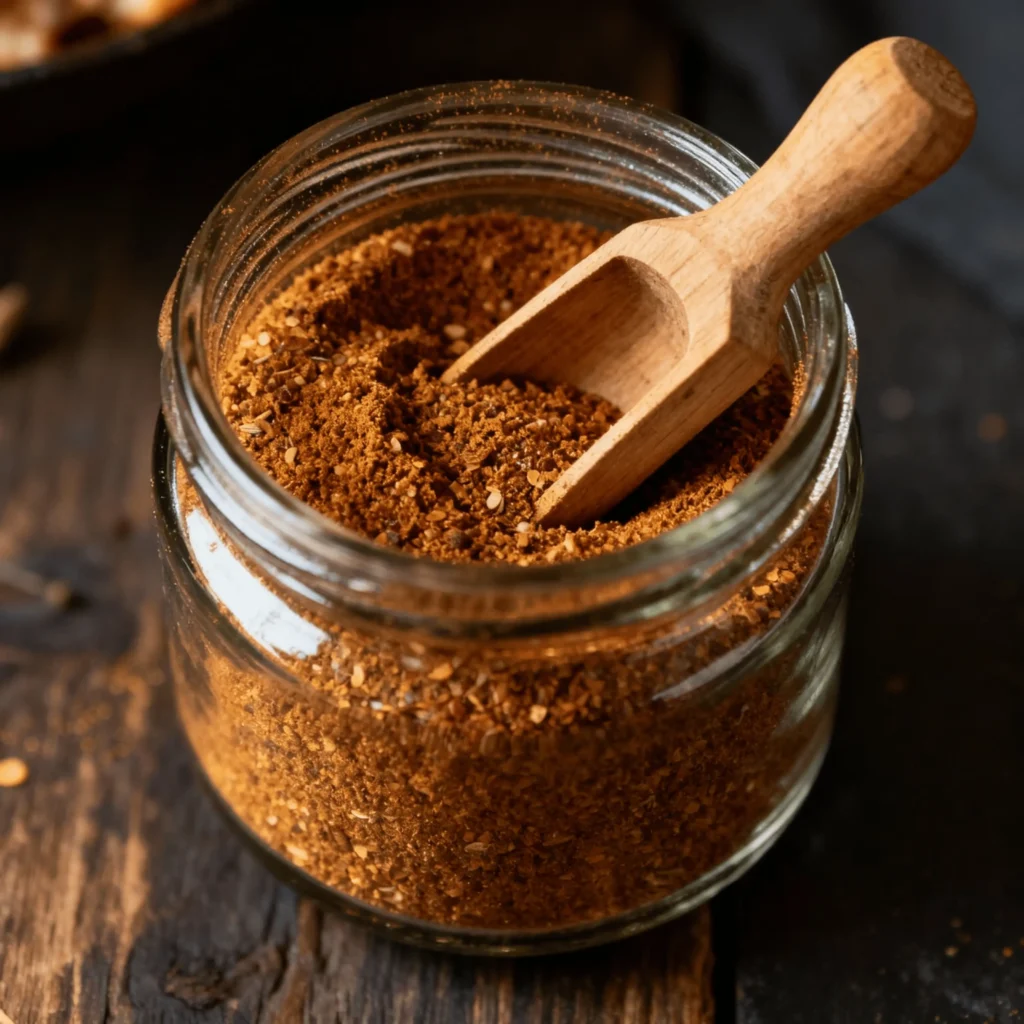 Shawarma Seasoning Recipe 2 Homemade spice shawarma seasoning recipe blend in glass jar with wooden scoop