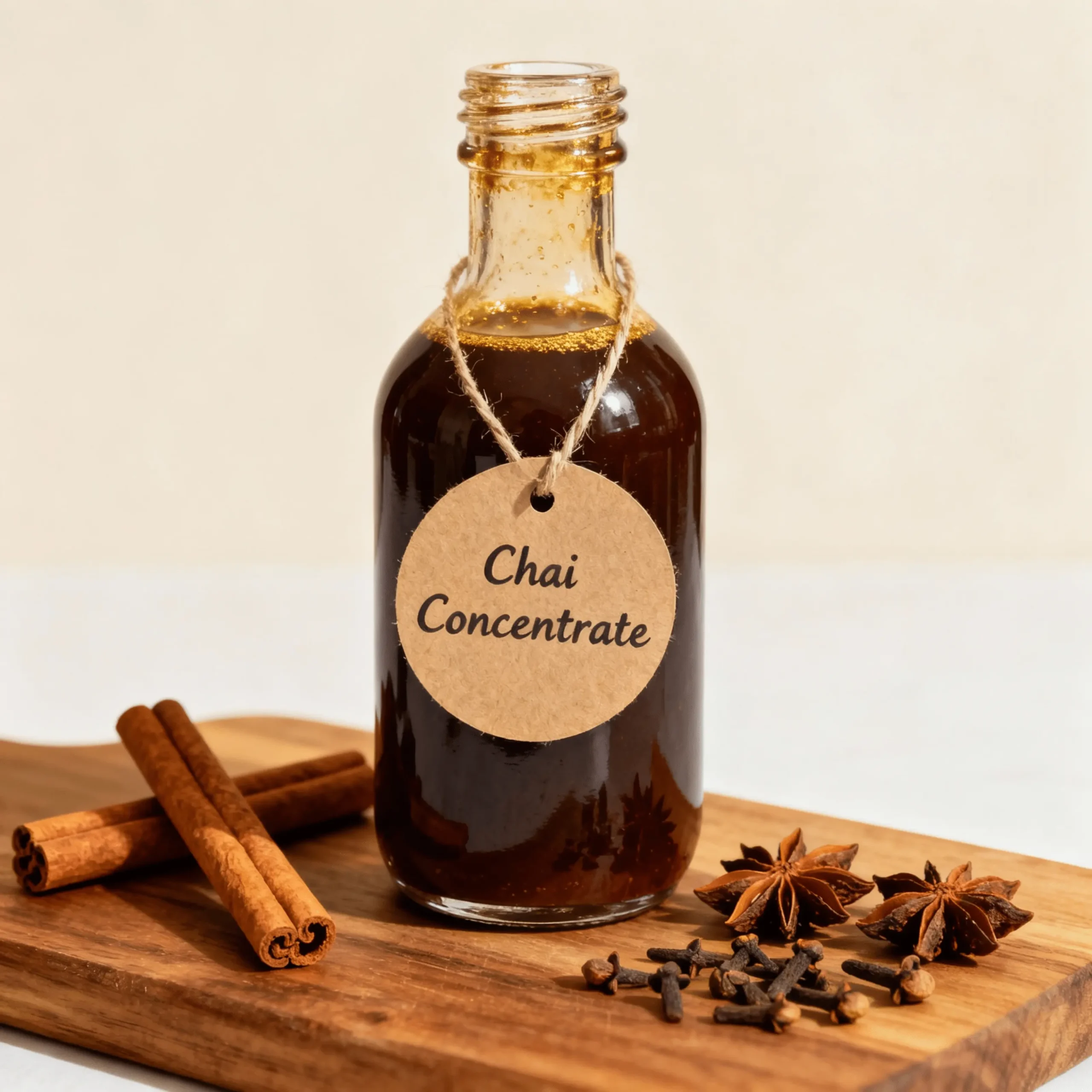 Homemade Chai Concentrate Recipe 6 Glass bottle of homemade chai concentrate recipe with spices