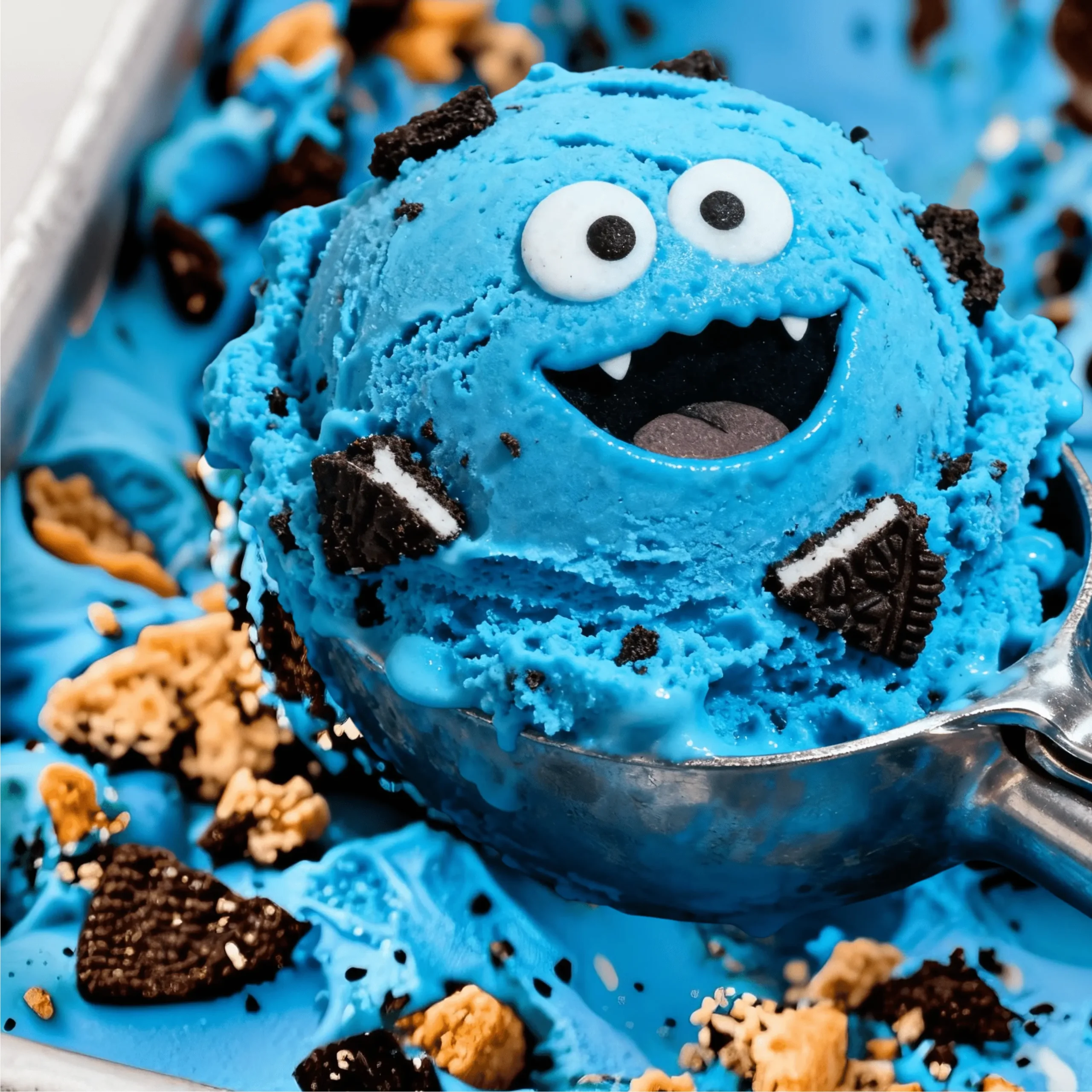 Cookie Monster Ice Cream 5 Cookie Monster ice cream recipe poster with scoop of blue ice cream and Hydrox