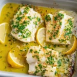 Baked cod fish fillets in garlic butter with lemon slices and parsley in a white baking dish.