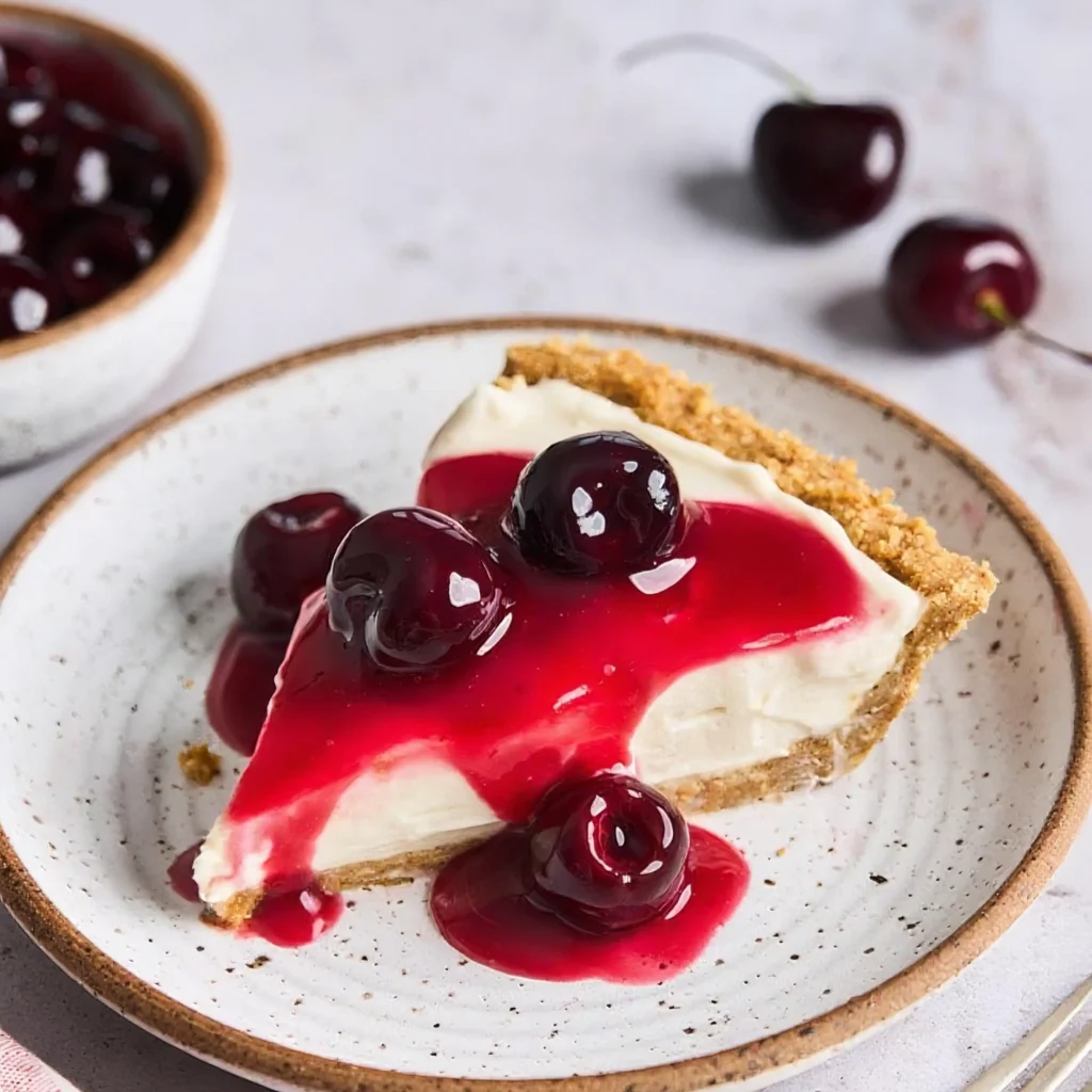 Philadelphia No Bake Cheesecake Recipe 1 Slice of Philadelphia No Bake Cheesecake with cherry topping on ceramic plate