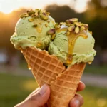Two scoops of pistachio ice cream in a waffle cone with honey drizzle and chopped pistachios