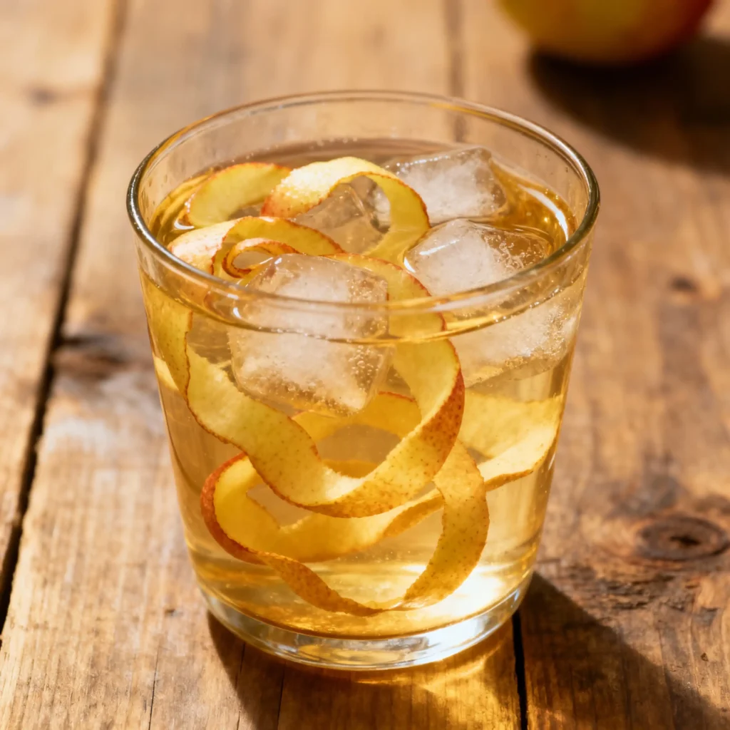 Apple Peel Recipe for Weight Loss 1 Apple Peel Recipe for Weight Loss served with ice in a glass on a wooden table.