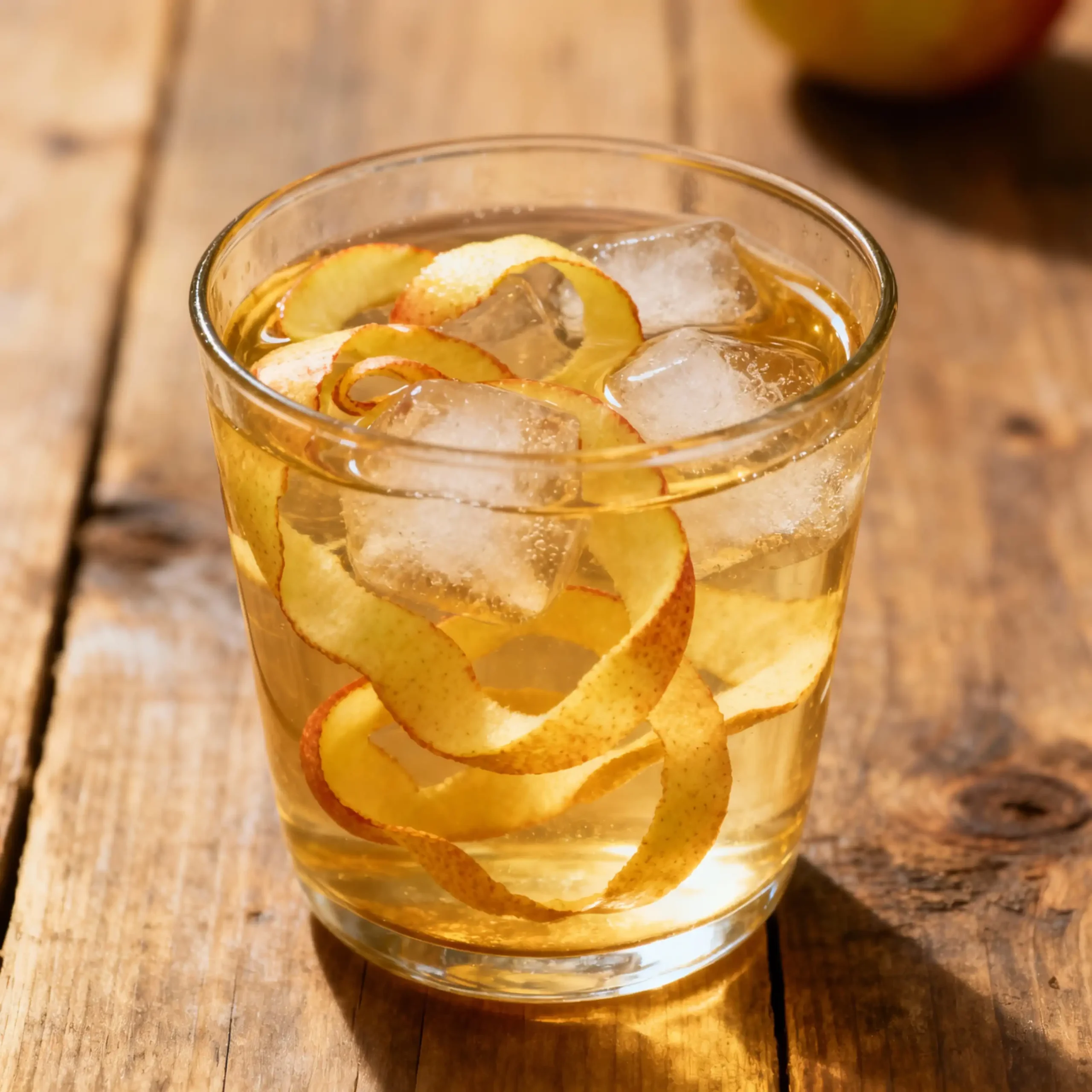 Apple Peel Recipe for Weight Loss 6 Apple peel detox drink for weight loss served with ice in a glass on a wooden table.
