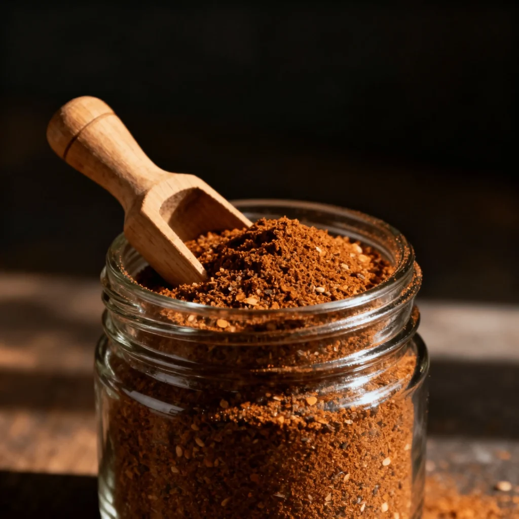 Shawarma Seasoning Recipe 1 Glass jar of homemade spice shawarma seasoning recipe mix with wooden scoop