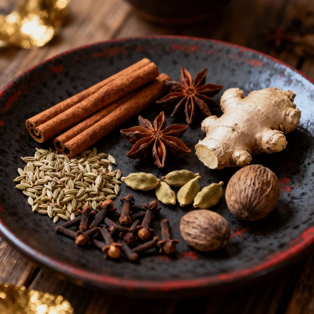 Homemade Chai Concentrate Recipe 2 Chai spices including cinnamon, star anise, cloves, fennel seeds, cardamom, and ginger on a dark plate