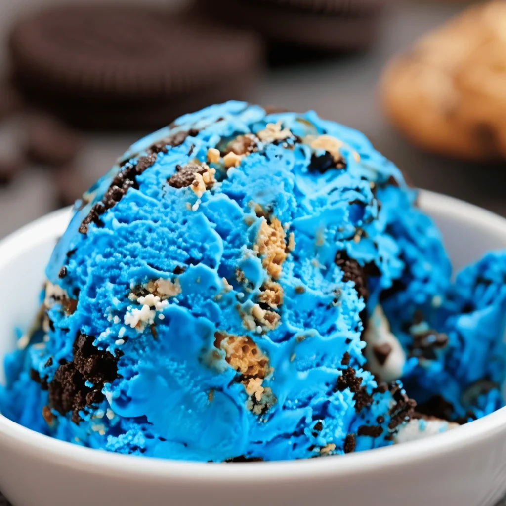 Cookie Monster Ice Cream 2 Cookie Monster ice cream with Oreos and cookies in a white bowl