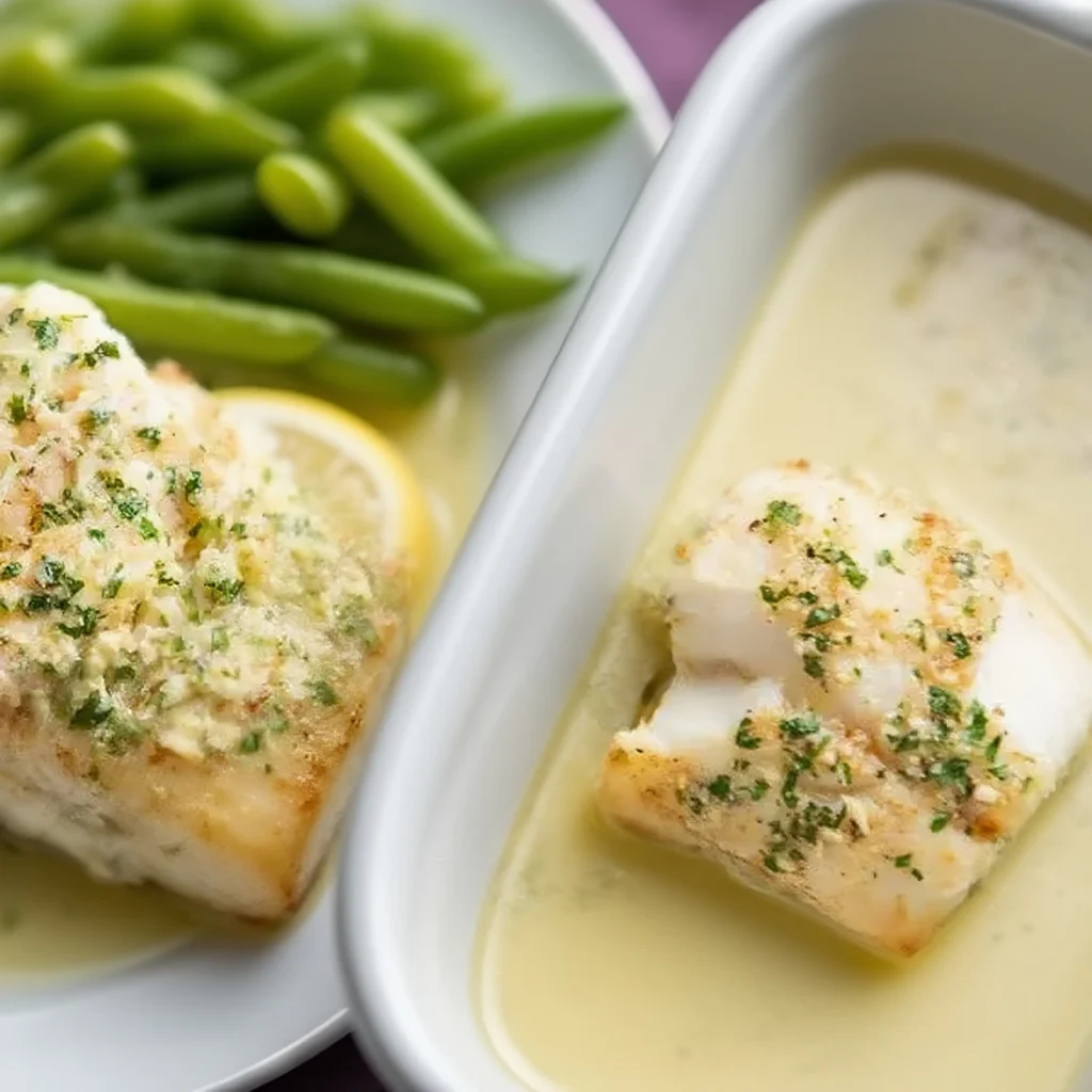 Baked Cod Fish Recipe 2 Baked cod fillet with garlic butter and lemon served with green beans on a plate.
