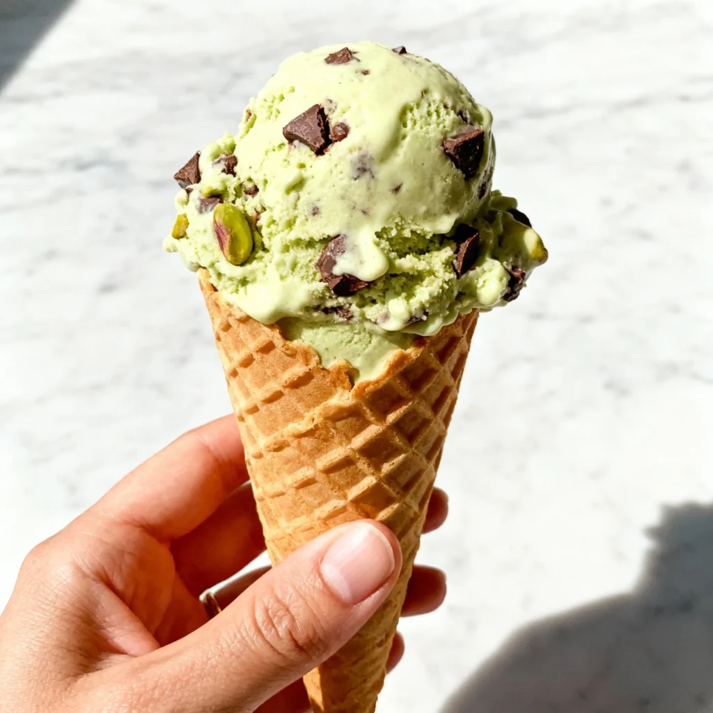 Homemade Pistachio Ice Cream Recipe 2 Hand holding a waffle cone with homemade pistachio ice cream and chocolate chunks