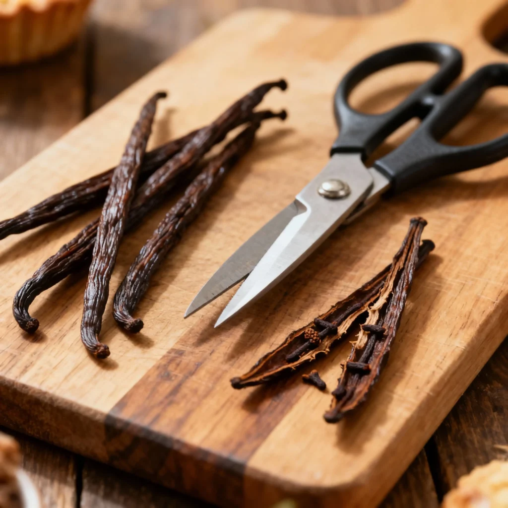 Homemade Vanilla Extract (Alcohol Free) 4 Vanilla beans being sliced open on a wooden cutting board with scissors