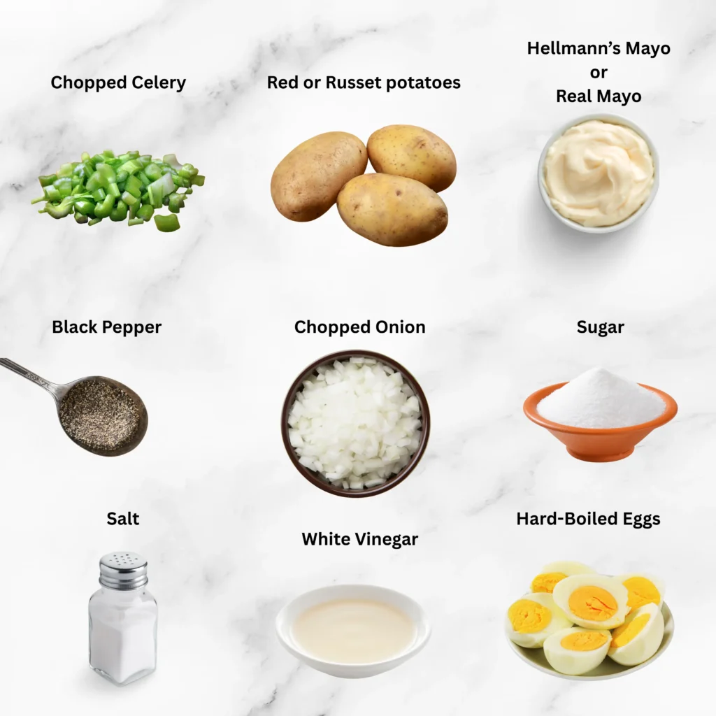 Hellmann’s Potato Salad Recipe 4 Ingredients for Hellmann’s potato salad recipe arranged on a white marble background.