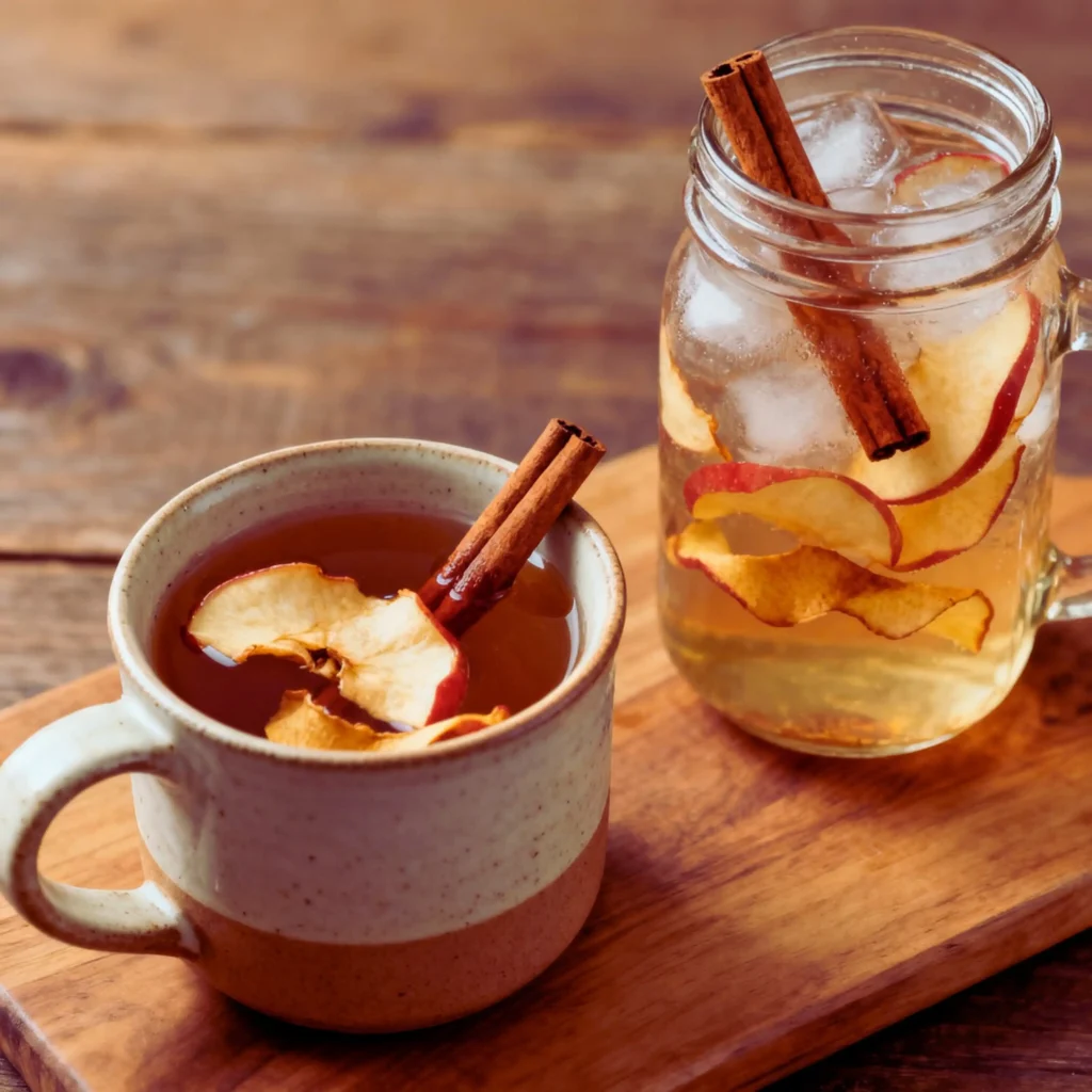 Apple Peel Recipe for Weight Loss 2 Apple peel recipe for weight loss with hot and cold drinks, cinnamon sticks, and apple peels on a wooden board.