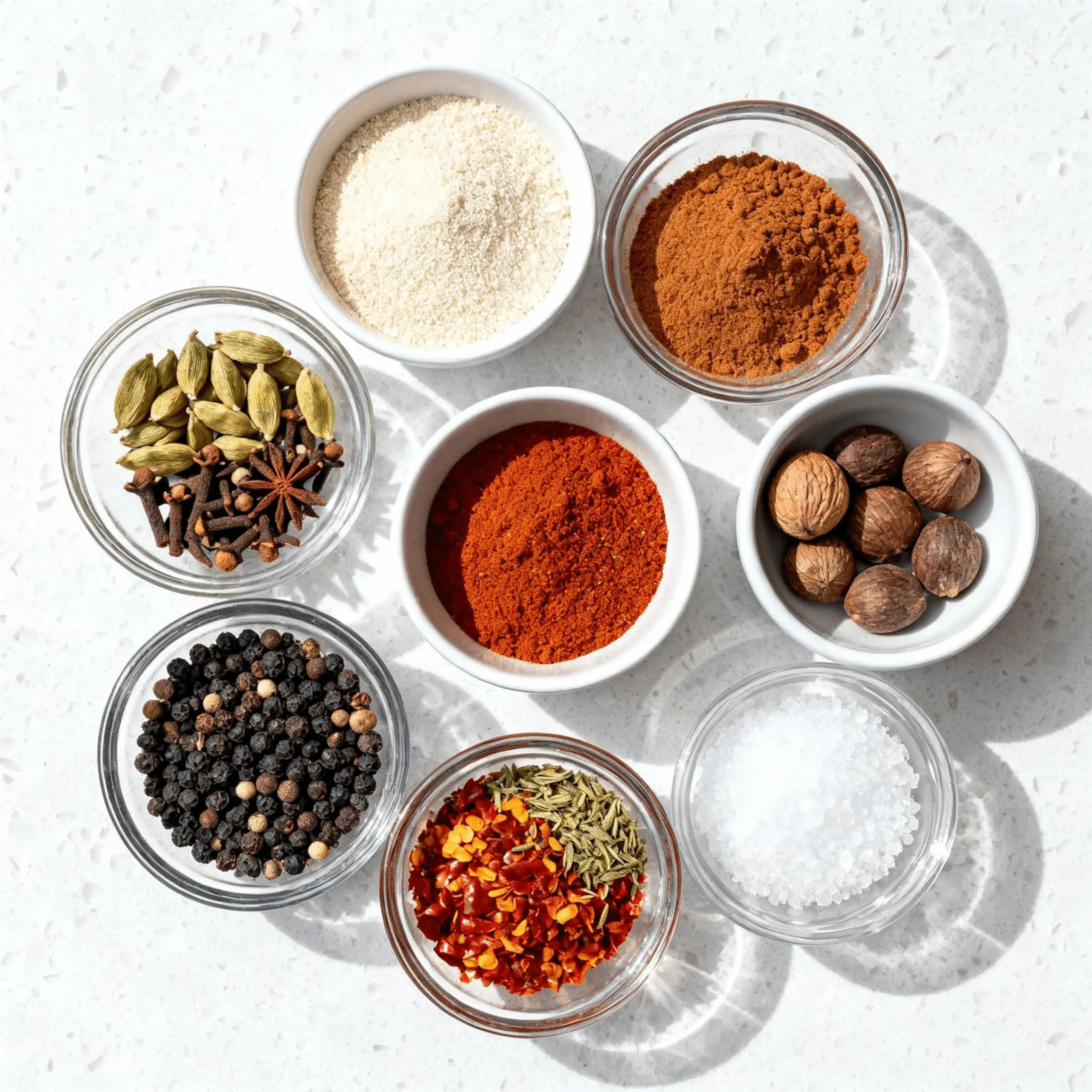 Shawarma Seasoning Recipe 5 Assorted spices in glass bowls on white marble surface